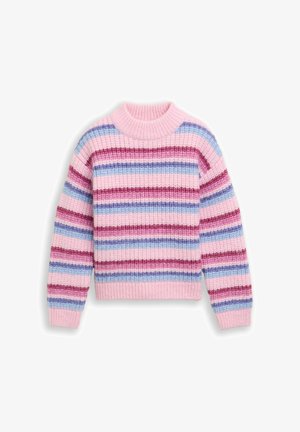 Pull en tricot avec des rayures horizontales en rose, rouge, bleu et lavande. Col et ourlet côtelés avec une finition douce et texturée.