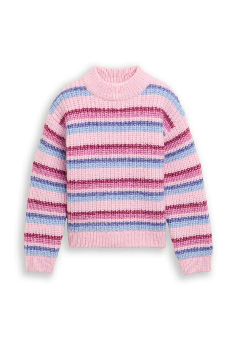 Pull en tricot avec des rayures horizontales en rose, rouge, bleu et lavande. Col et ourlet côtelés avec une finition douce et texturée.