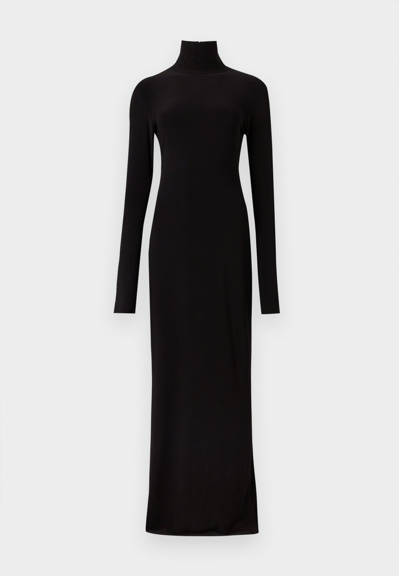 Robe noire à manches longues, longueur jusqu'au sol, col montant et silhouette ajustée, présentée sur un fond clair uni.