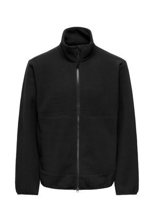 Mustast fliisist jakk kõrge kraega ja täieliku esilukuga. Omaduseks tekstureeritud kangas ja kaks küljetaskut, pakkudes lõõgastunud lõiget.