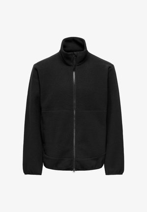 Zwarte fleecejas met hoge kraag en volledige rits aan de voorkant. Voorzien van een gestructureerde stof en twee zijzakken, met een comfortabele pasvorm.