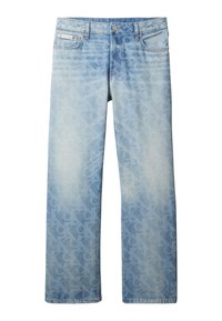 Ανοιχτό μπλε τζιν με διακριτικό μοτίβο με το λογότυπο Calvin Klein σε όλη την επιφάνεια, σχεδιασμό με πέντε τσέπες και κούμπωμα με κουμπί στη μέση.