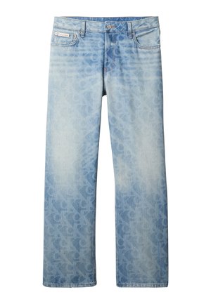 Svetlomodré rifle z denimu s jemným celoplošným vzorom loga Calvin Klein, dizajnom s piatimi vreckami a zapínaním na gombík v páse.