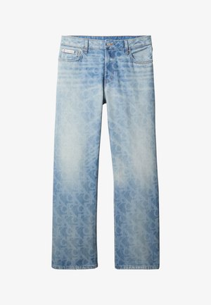 Svetlomodré rifle z denimu s jemným celoplošným vzorom loga Calvin Klein, dizajnom s piatimi vreckami a zapínaním na gombík v páse.