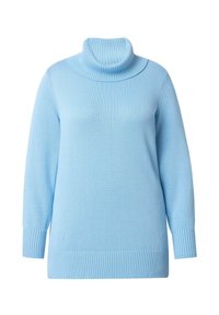 Jasnoniebieski sweter z golfem, wykonany z miękkiej dzianiny. Posiada długie rękawy, prążkowane wykończenia przy szyi i dolnym mankiecie oraz luźny krój.