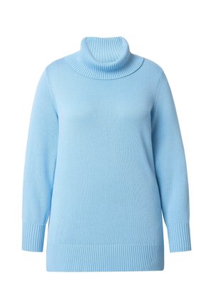 Hellblaue Rollkragenpullover aus weichem Strickstoff. Mit langen Ärmeln, geripptem Besatz am Kragen und Saum sowie einer lockeren Passform.