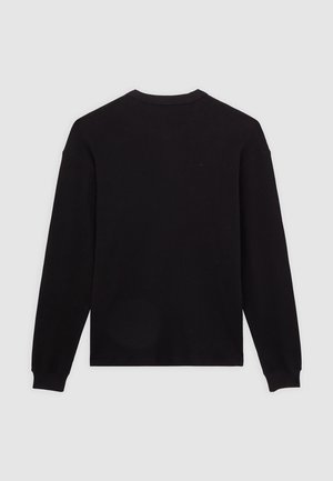 Haut noir à manches longues en rib avec un col rond et des poignets ajustés. Texture lisse, couleur unie, sans motifs ni embellissements supplémentaires.