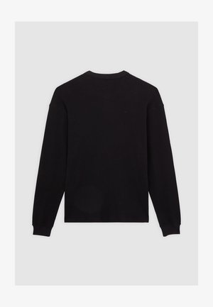 Haut noir à manches longues en rib avec un col rond et des poignets ajustés. Texture lisse, couleur unie, sans motifs ni embellissements supplémentaires.