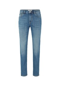 Jeans ajustados azules con botón frontal y cremallera, estilo de cinco bolsillos y un sutil desgastado en los muslos y las rodillas.