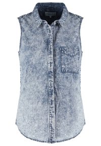 Chemise sans manches en jean délavé à l'acide, avec col, boutons sur le devant et une poche poitrine unique.