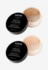 NYX Mineral Matte Finishing Powder in einem klaren Behälter mit schwarzem Deckel. Feines braunes Puder ist durch die Löcher im unteren Abschnitt sichtbar.