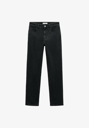Black denim jeans with a straight-leg cut, featuring a zip fly, five pockets, and stitching details on the seams.