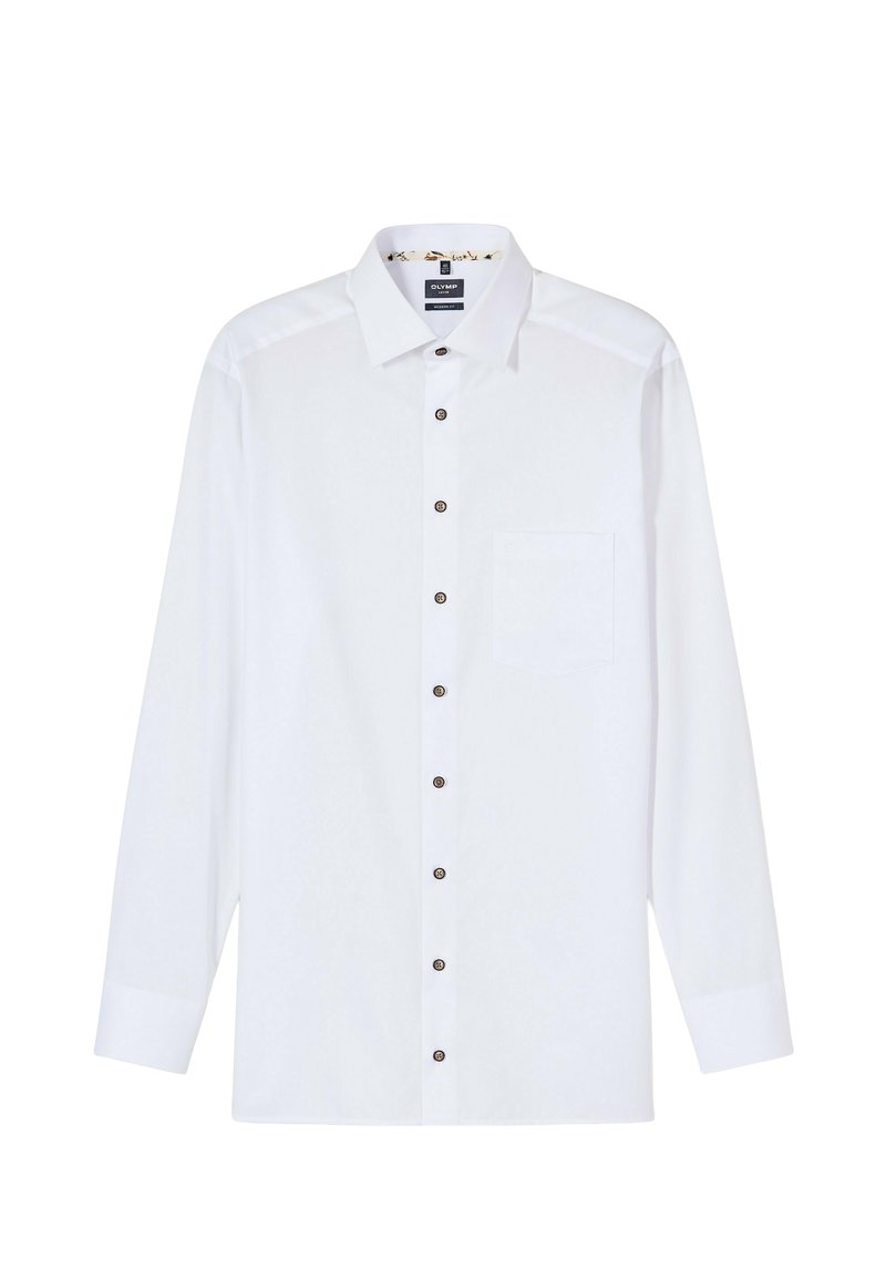 Weißes Langarmhemd mit durchgehender Knopfleiste, braunen Knöpfen und einer Brusttasche. Der Innenkragen ist mit einem gemusterten Stoff ausgekleidet.