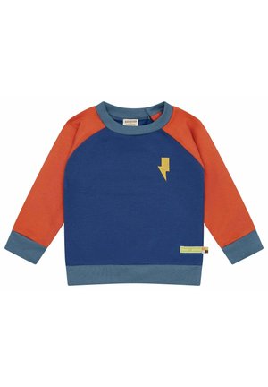 Blauer Pullover mit orangefarbenen Raglanärmeln und hellblauen Akzenten. Mit einem gelben Blitzdesign auf der Brust. Weicher Stoff.