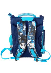 Blue and black backpack with mesh fabric, padded straps, and graphic prints featuring a superhero theme. Adjustable side straps and a handle.