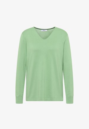 Pull en V à manches longues vert clair en matériau doux. Design simple avec des poignets et un ourlet côtelés. L'étiquette affiche le nom de la marque "CECIL."