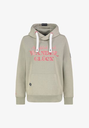 Hellgrauer Hoodie mit einer Fronttasche, Kapuze mit Kordelzug und pink gesticktem Text "WANDER GLÜCK" auf der Brust. Rippbündchen an Ärmeln und Saum.