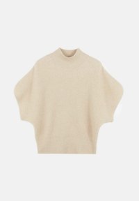 Krämfärgad ribbad tröja med hög krage, lösa ärmar i batwing-stil och en åtsittande nederkant. Tillverkad av mjukt stickat material som ger en strukturerad finish.