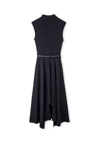 Ärmelloses schwarzes Kleid mit hohem Ausschnitt, tailliertem Oberteil und asymmetrischem, schwingendem Rock. Includes a narrow black belt at the waist.