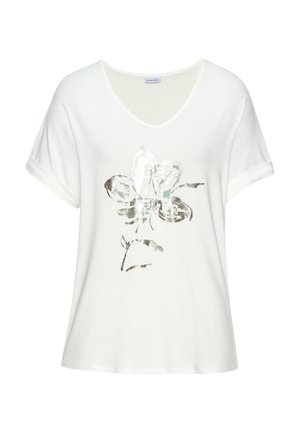 Weißes, kurzärmeliges V-Ausschnitt-Shirt mit hochgekrempelten Ärmeln, einem metallischen Blumenmuster und dem Schriftzug "Best Day Ever" auf der Vorderseite.