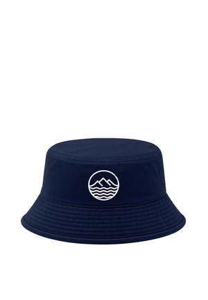 Navy blue bucket hat with stitched brim and a white circular logo showing mountains above wavy water lines on the front.