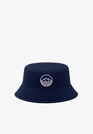 Navy blue bucket hat with stitched brim and a white circular logo showing mountains above wavy water lines on the front.