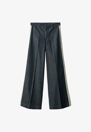 Wide-leg denim trousers with a dark wash, featuring front pleats and contrasting white side stripes for added detail.