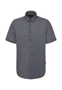 Kurzarmhemd aus navy-farbenem Stoff, mit einem geometrischen Muster in Creme und Hellblau, klassischem Kragen und braunen Knöpfen auf der Vorderseite.