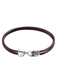 Brown leather bracelet with two strands, featuring a silver clasp with a textured finish and geometric design.