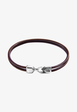 Brown leather bracelet with two strands, featuring a silver clasp with a textured finish and geometric design.