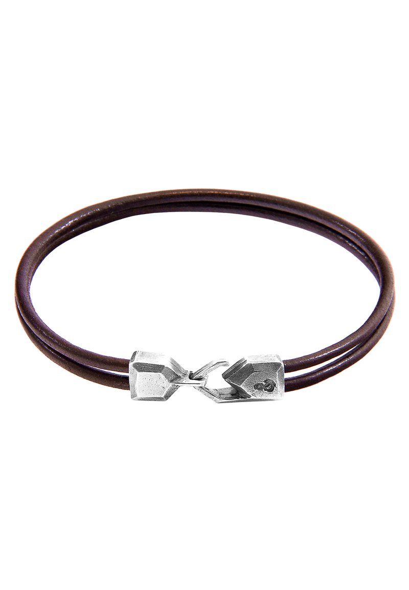 Brown leather bracelet with two strands, featuring a silver clasp with a textured finish and geometric design.