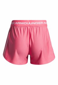 Pink athletic shorts with a gathered waistband featuring white "UNDER ARMOUR" branding, textured fabric, and contrasting side stripes.