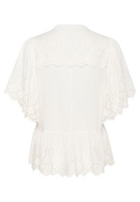 Bela bluzica z ovalnim robom, broderie anglaise detajlami blizu dekolteja in lepršavimi rokavi za ohlapno prileganje.