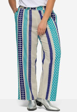 Volné kalhoty z lehkého materiálu s béžovým základem a modro-turquoise geometrickými vzory, elastickým pasem a bočními kapsami.