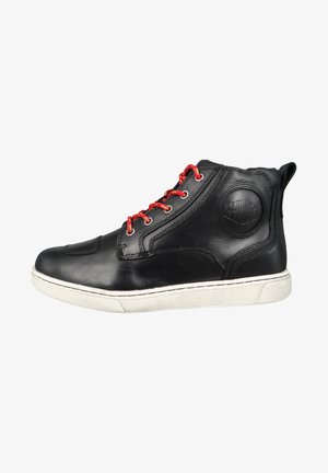 Black leather high-top sneaker with red laces, white rubber sole, and logo detail on the side. Features reinforced stitching and padded collar.