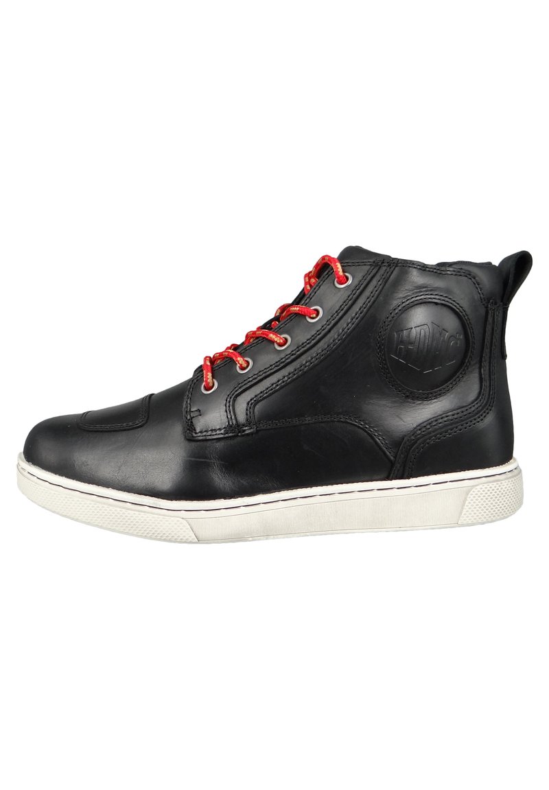 Black leather high-top sneaker with red laces, white rubber sole, and logo detail on the side. Features reinforced stitching and padded collar.