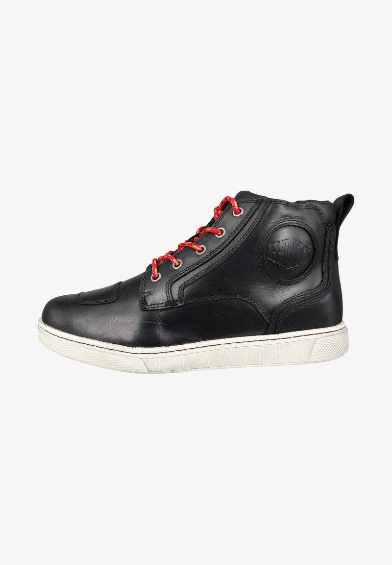 Black leather high-top sneaker with red laces, white rubber sole, and logo detail on the side. Features reinforced stitching and padded collar.
