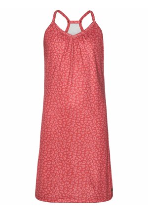 Robe sans manches rouge avec un motif texturé de léopard. Présente un encolure froncée et des bretelles croisées dans le dos. Fabriquée en tissu doux.