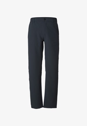 Mørkegrå bukser lavet af et glat, let materiale. Har knaplukning, forlommer og et lige ben-design.