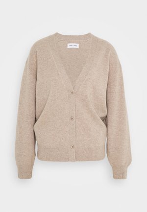 Beige wool-blend cardigan with a V-neck, dropped shoulders, and front button closure. Features ribbed cuffs and hem. Soft, textured finish.