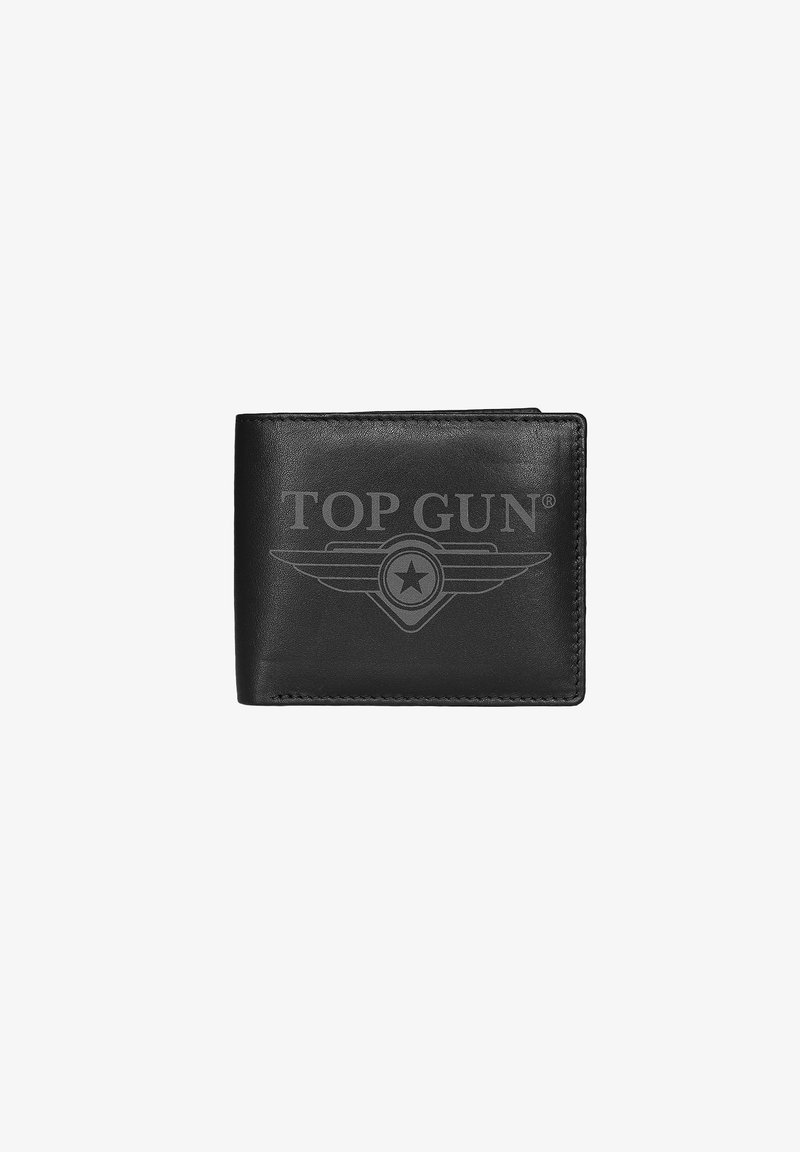 Schwarze Lederbrieftasche mit dem auf der Vorderseite geprägten Schriftzug "TOP GUN" und dem Abzeichen eines geflügelten Sterns, geschlossen und mittig auf weißem Hintergrund.