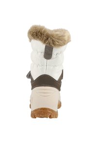 Weiße Schneestiefel aus Stoff mit einem beigefarbenen Kunstfellkragen, braunen Akzenten und einer Gummisohle. Sie verfügen über eine strukturierte Oberfläche und einen verstellbaren Riemen.