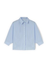 Camicetta azzurra chiara cropped con strisce verticali bianche, chiusura con bottoni davanti, colletto a punta e maniche a tre quarti. Tessuto dal tocco liscio.