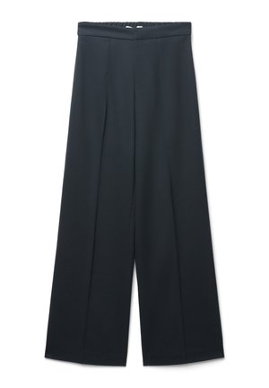 Pantaloni neri a gamba larga con vita alta e pieghe frontali, esposti piatti su uno sfondo bianco.