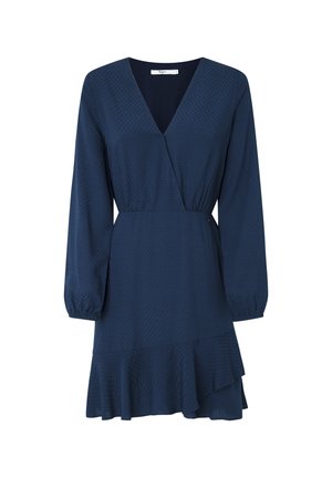 Robe à manches longues bleu marine avec col en V, corsage façon portefeuille, taille élastique et ourlet asymétrique à volants.