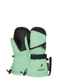 Mint green insulated mittens with black leather palms. Features waterproof fabric, adjustable cuff, and decorative stitching.