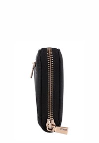 Black leather wallet with a textured finish, featuring a gold zipper closure and a small metal tag embossed with "GUESS."