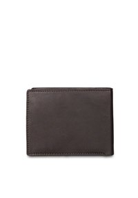 Portafoglio marrone in pelle con forma rettangolare, texture liscia e bordi cuciti. Design minimalista, senza elementi metallici o motivi visibili.