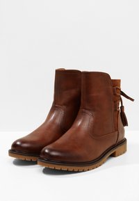 Bottes en cuir marron, à cheville, avec une finition lisse et un détail de frange sur le côté, dotées d'une semelle en caoutchouc et de coutures pour garantir la durabilité.