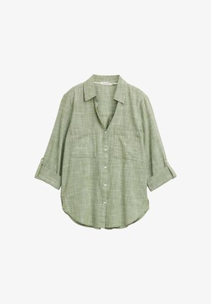 Zelena karirana srajca s ovratnikom, dvema sprednjima žepoma in zavihkami na rokavih. Narejena iz lahkega materiala z sproščenim krojem.